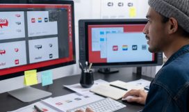 Asian graphic designer working on computer drawing sketches logo Asian graphic designer working on computer drawing sketches logo design. The concept of a new brand. Professional creative occupation with idea.